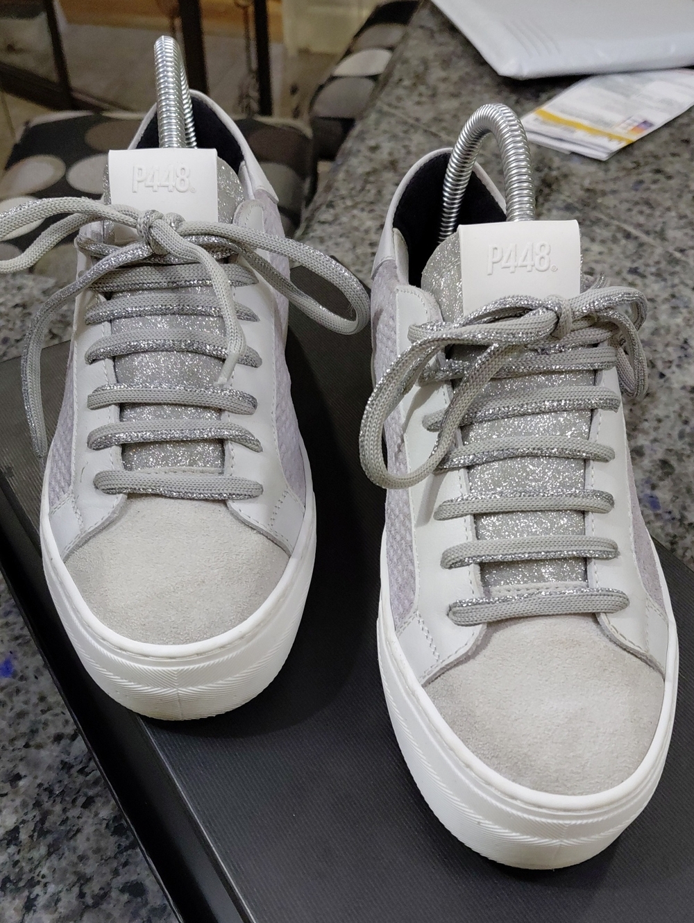 "P448" Women's Sz.6.5, Thea Low-Top Sneakers in Stardust Silver. MSRP: $235...